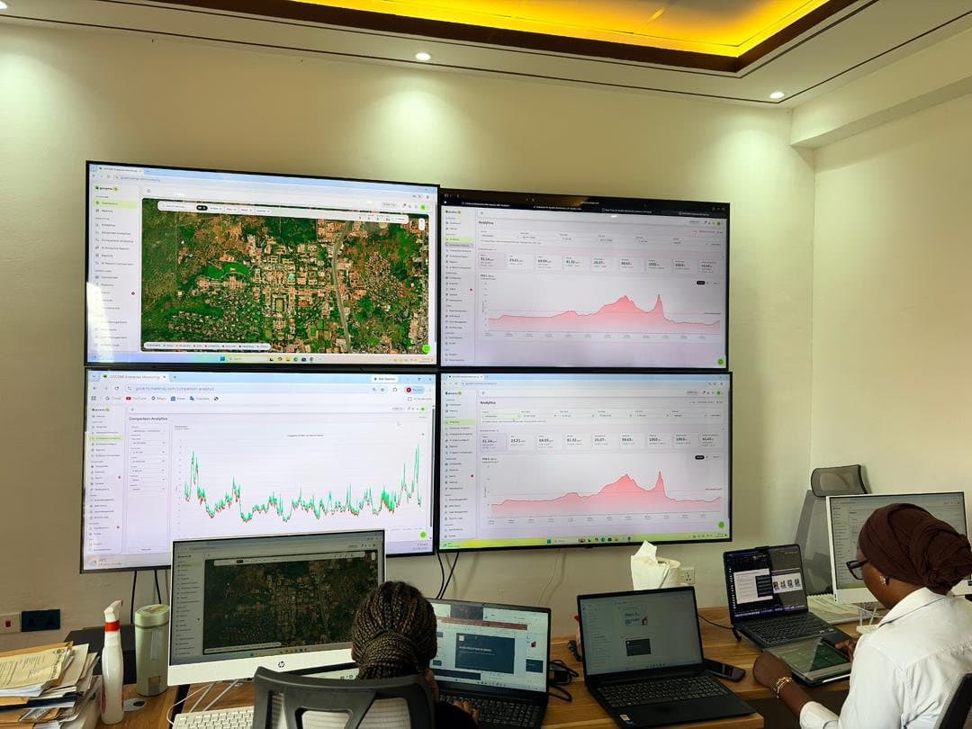 Analysts monitoring GOCEMS dashboards on a video wall