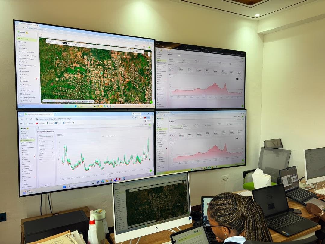 GOCEMS video wall showing satellite site maps and analytics